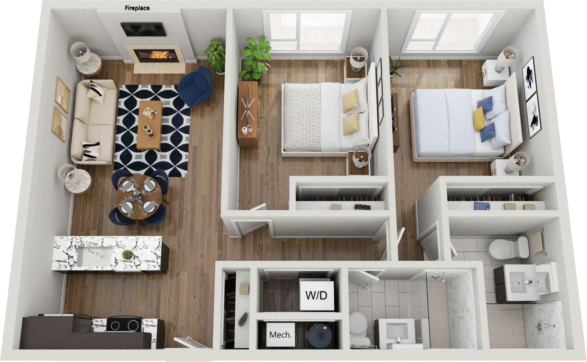 Detailed 3D floor plan featuring 2 bedrooms, modern living area with a fireplace, and dine-in kitchen.