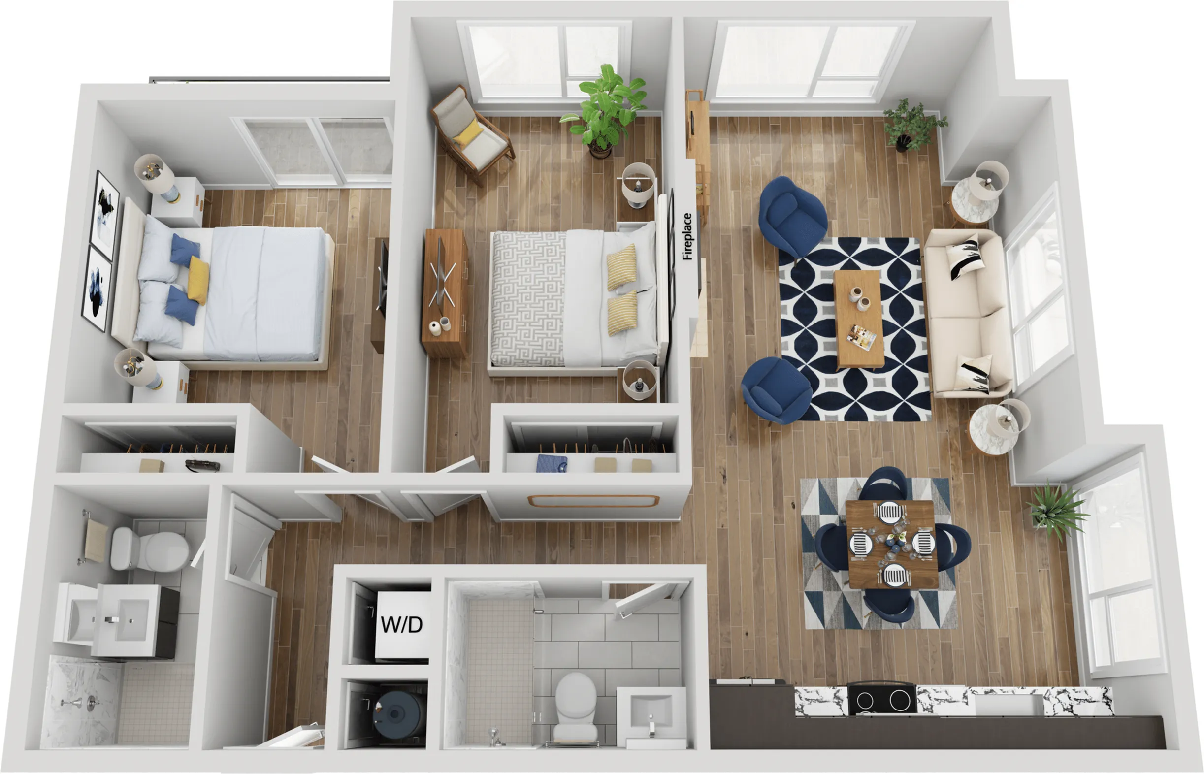 3D floor plan of a modern apartment with two bedrooms, cozy living room, dining area, and functional kitchen.