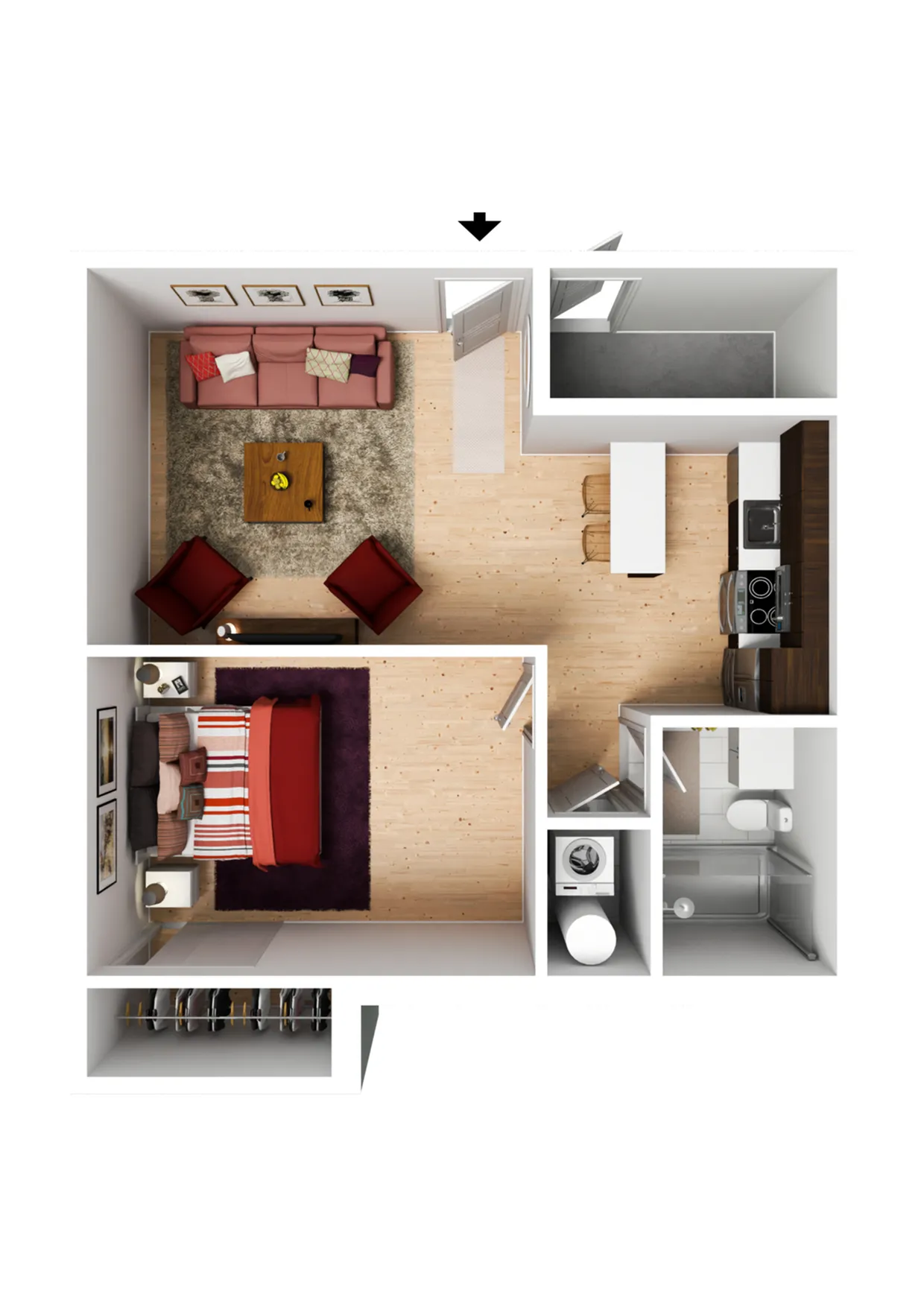 Chic 3D floor plan with spacious bedroom, cozy living area, modern kitchen, and compact bathroom.