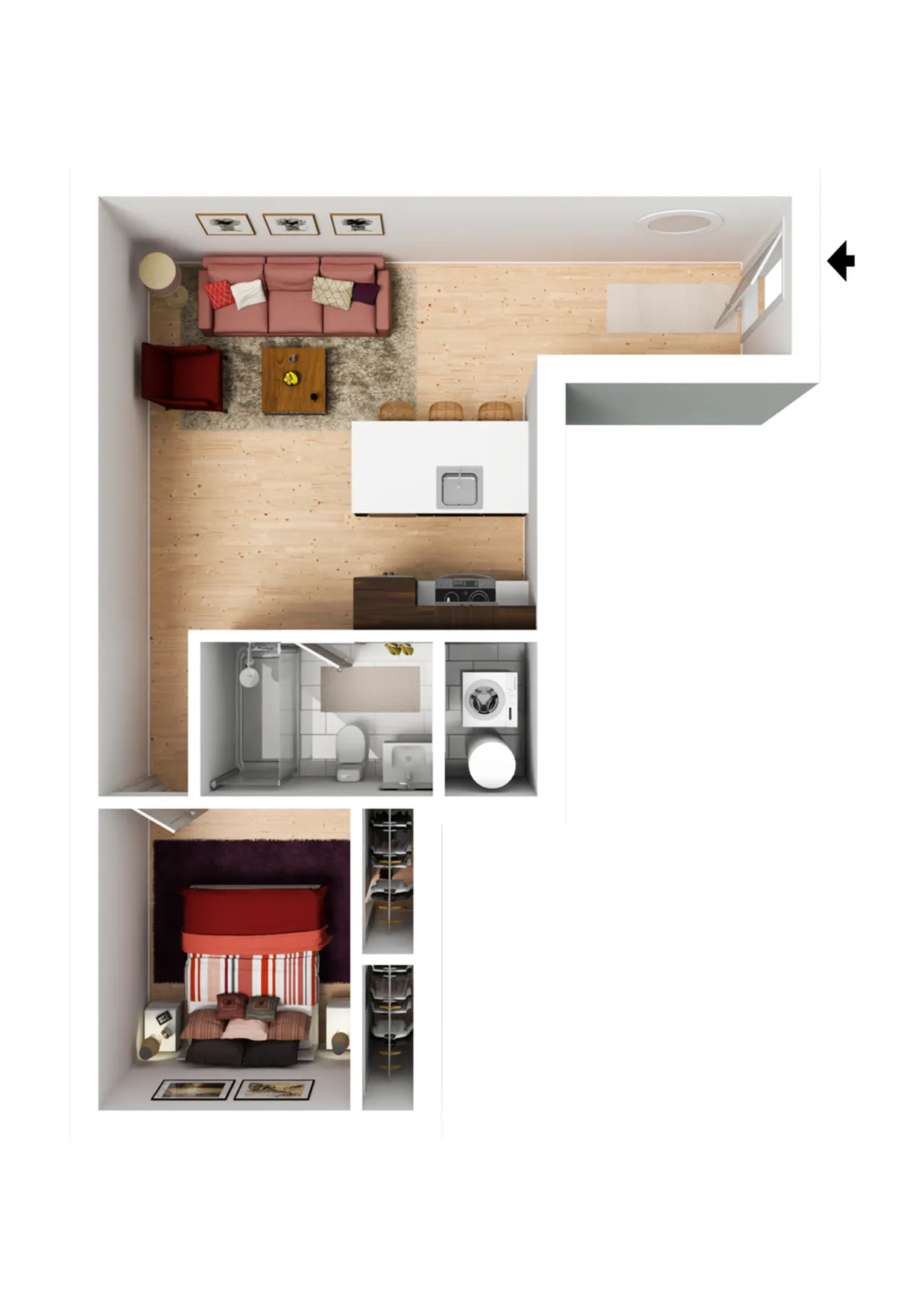 Chic L-shaped apartment floor plan featuring an open-concept living area, cozy bedroom, modern kitchen, and bathroom with laundry space.