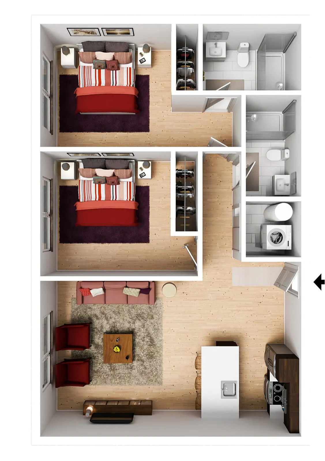 Modern 3D floor plan showcasing 2 spacious bedrooms, elegant bathrooms, cozy living area, and a sleek kitchen with island seating.