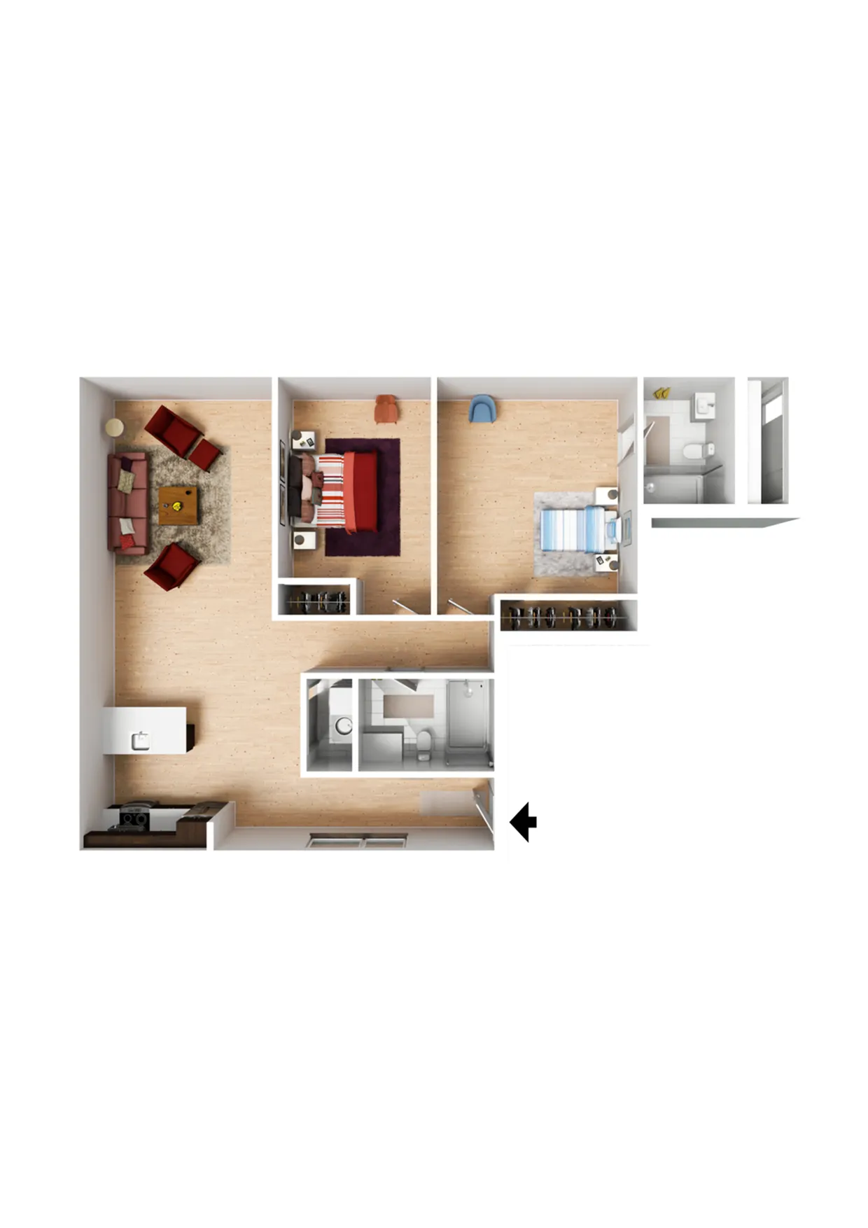 Modern 2D floor plan featuring two cozy bedrooms, an inviting living room, and a well-equipped kitchen with a chic open layout.