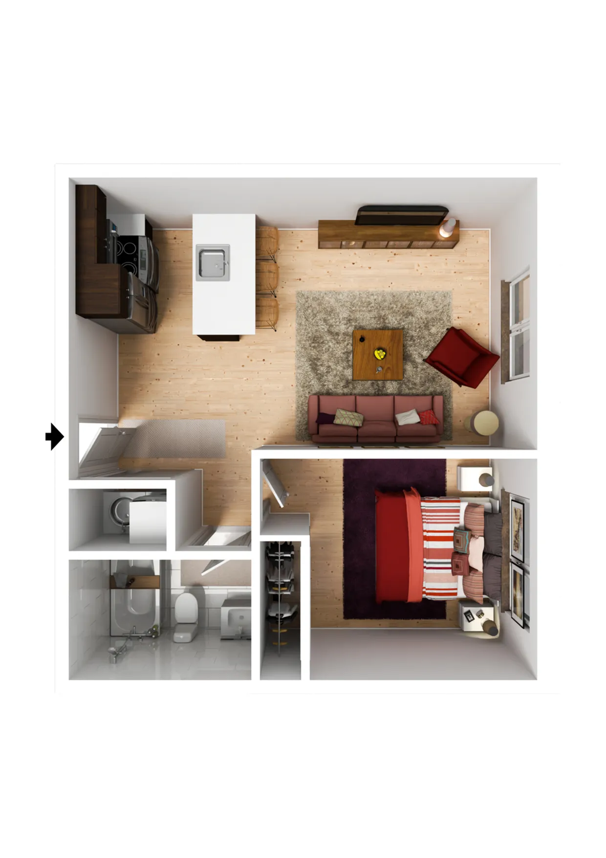 Sleek 3D floor plan showcasing an open kitchen, cozy living area, and stylish bedroom with ensuite bathroom.