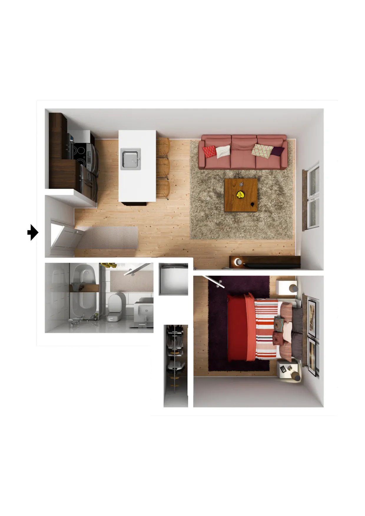 Chic floor plan showcasing a modern one-bedroom apartment with an open kitchen, cozy living area, and stylish bathroom.