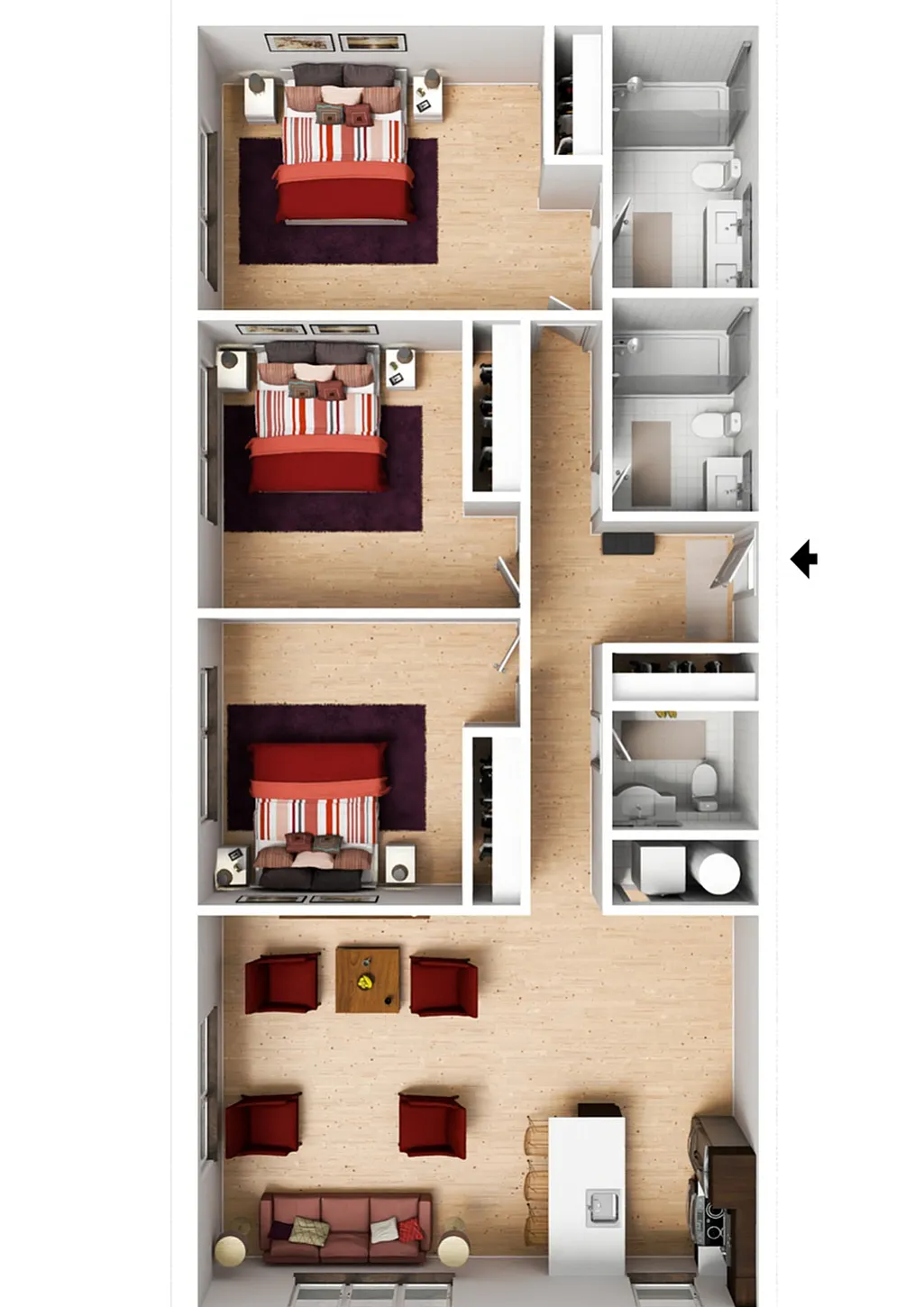 Modern floor plan showcasing 3 bedrooms, 2 bathrooms, and a spacious open-concept living area with a cozy kitchen layout.