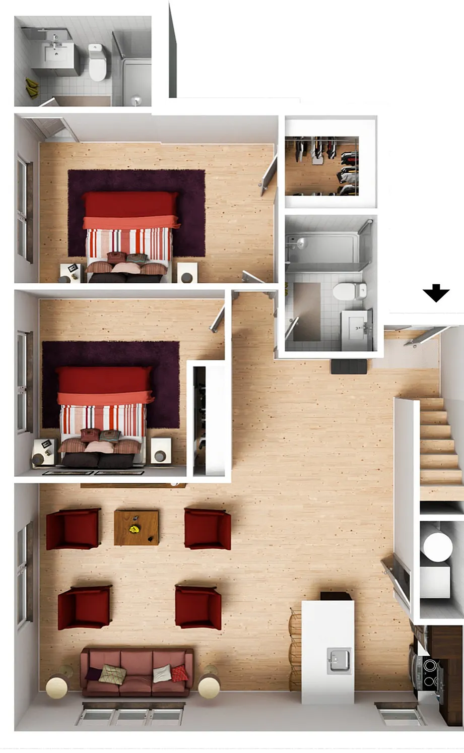 Modern 3D floor plan featuring two cozy bedrooms, elegant open-concept living and dining area, and a stylish kitchen with island. Includes two bathrooms and convenient storage space.
