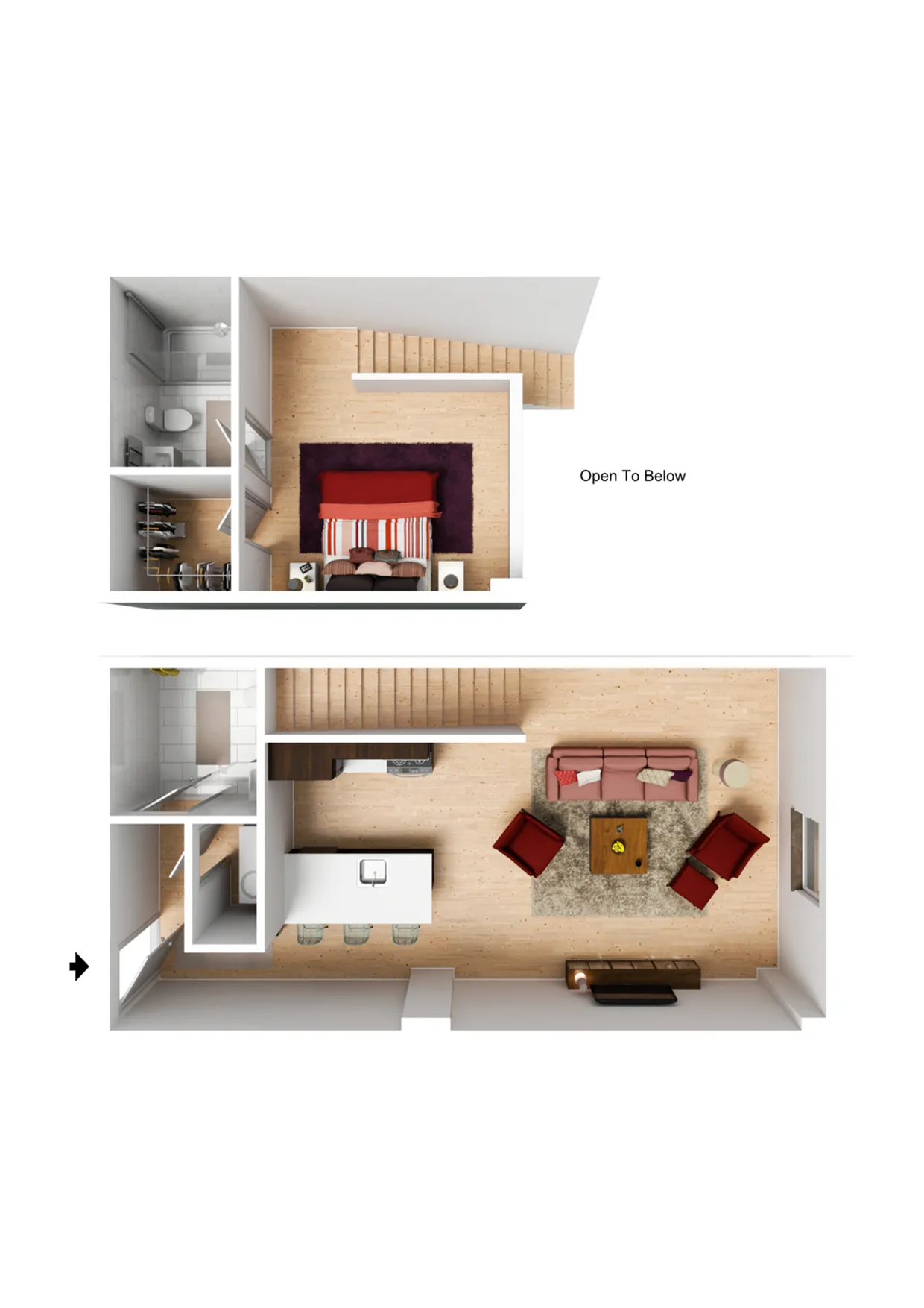 Elegant two-level floor plan showcasing an open-concept living area, modern kitchen with island, cozy bedroom, spacious bathroom, and chic staircase.