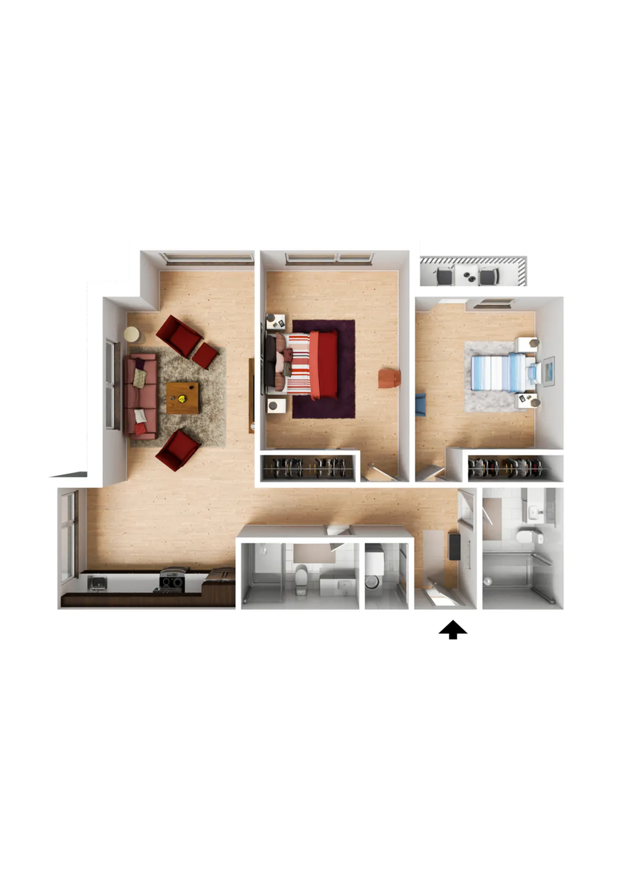 Sleek 2D floor plan showcasing a modern 2-bedroom apartment with an inviting living room, cozy kitchen, and two elegant bathrooms.
