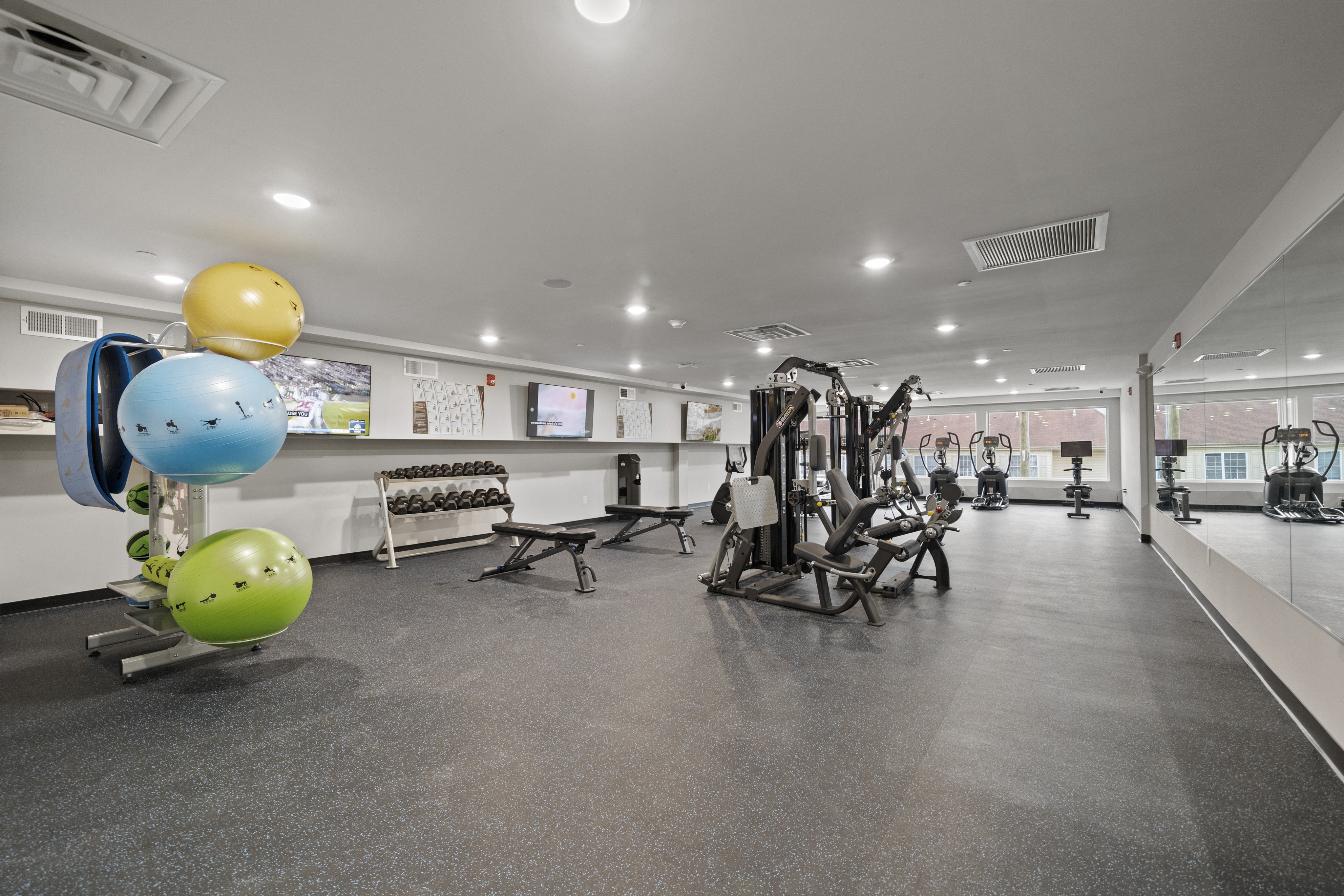 Modern gym with state-of-the-art equipment, including cardio machines, weight benches, and colorful exercise balls, ideal for fitness enthusiasts.