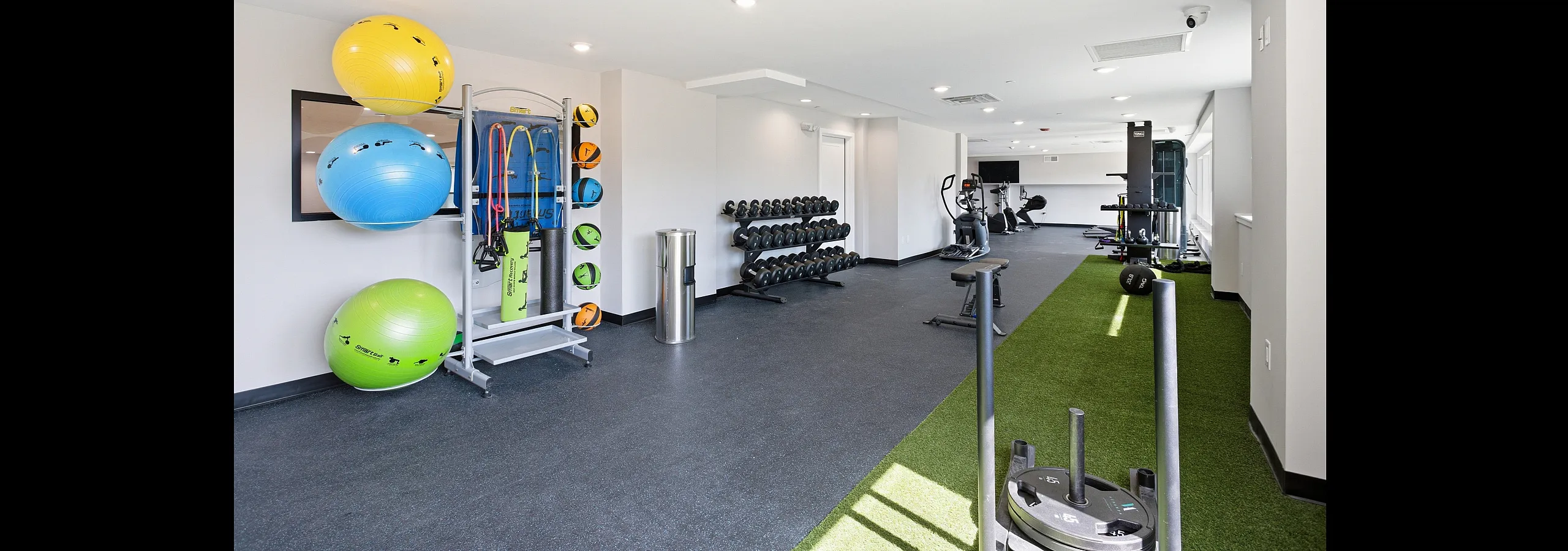 Modern fitness center with vibrant exercise balls, a weight rack, cardio machines, and bright natural lighting.