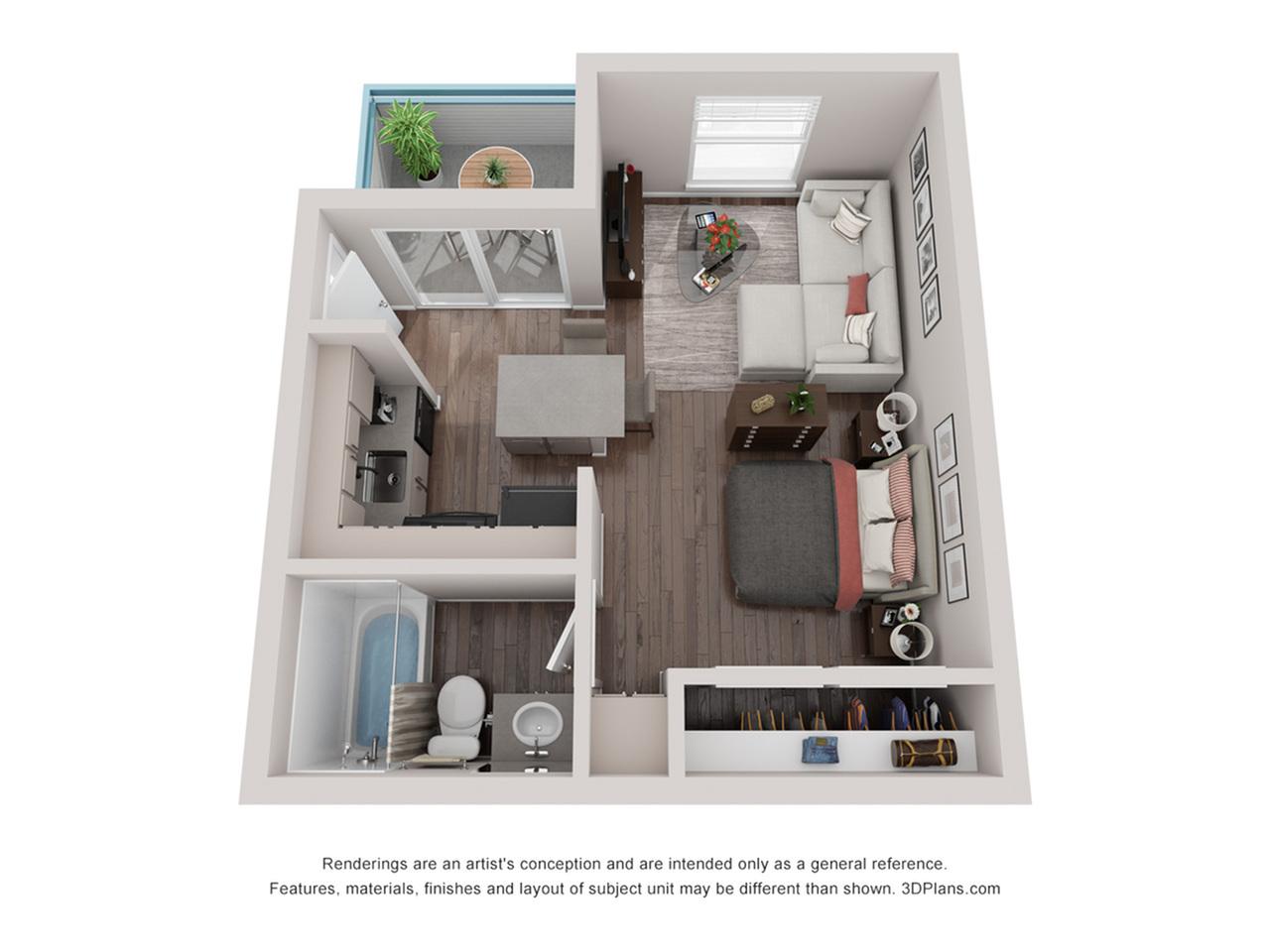 Modern 3D floor plan featuring a cozy one-bedroom apartment with an open-concept living room, sleek kitchen, and a private balcony.