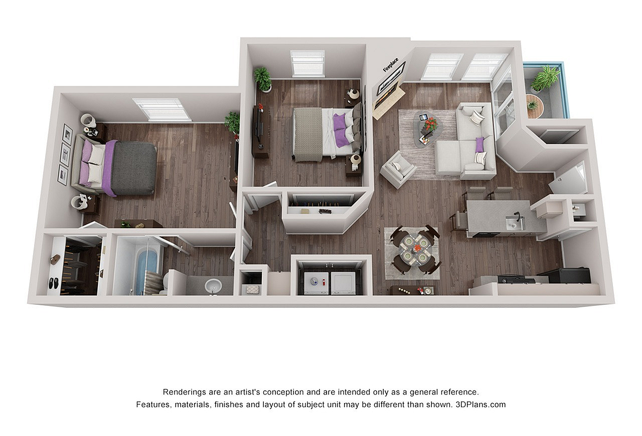 Inviting 3D floor plan showcasing 2 elegant bedrooms, a contemporary open-concept living area, and a sleek modern kitchen with island seating.