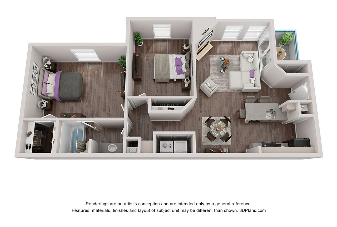 Contemporary 3D floor plan showcasing 2 bedrooms, inviting open living space, modern kitchen, and elegant dining area.