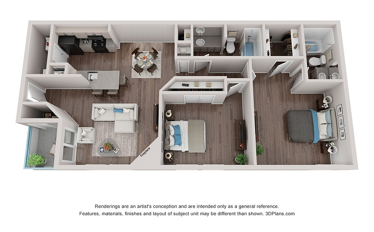 Modern 3D floor plan featuring 2 bedrooms, a spacious living room with a fireplace, and a stylish kitchen with an island bar.