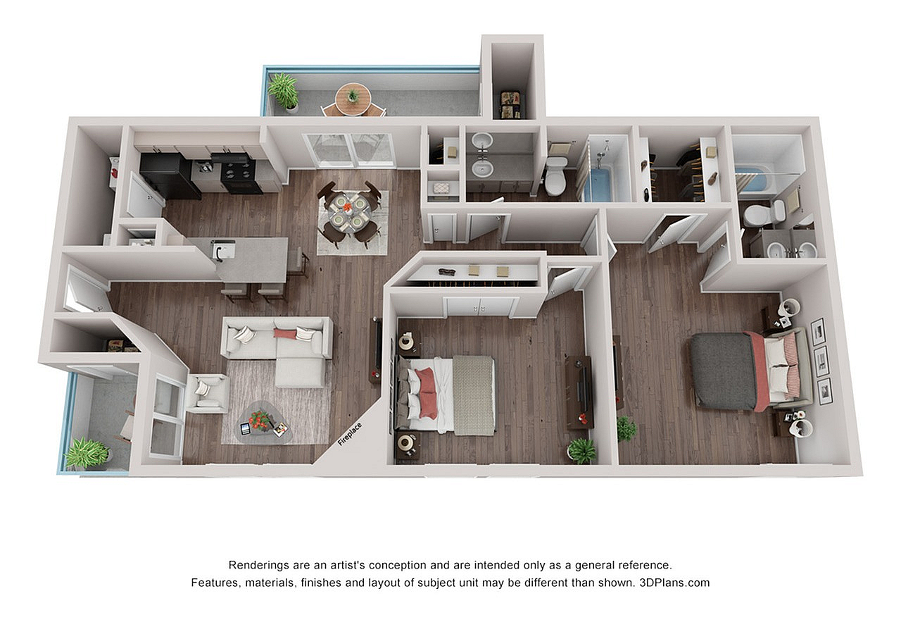 Modern 3D floor plan showcasing two elegant bedrooms, an open-concept living room, sleek kitchen with island, and spacious patio.