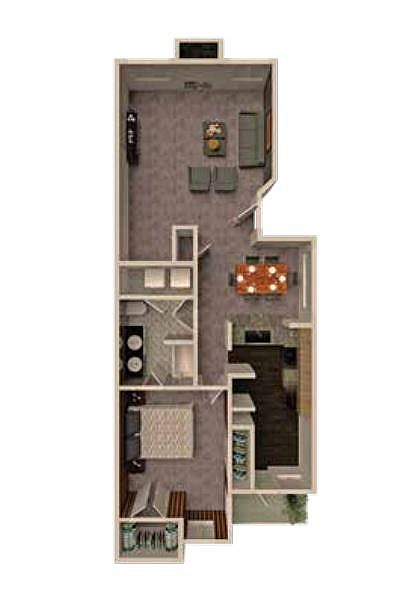 Modern 3D floor plan showcasing 1 bedroom and 1 bath with a spacious living area and sleek kitchen, encompassing 900 sq ft.
