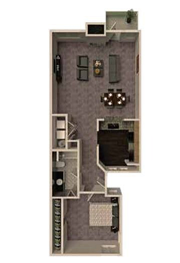 Chic floor plan displaying a modern 1-bedroom apartment with an expansive open living area and stylish kitchen, 950 sq ft.