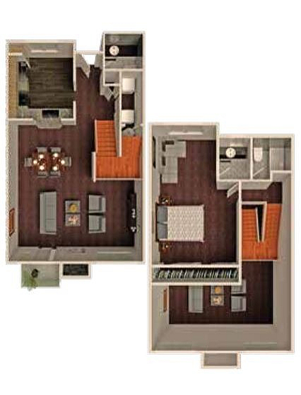 Chic 1 bedroom, 1.5 bath apartment floor plan showcasing an open-concept living and dining area, perfect for modern living, 1050 sq ft.