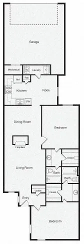 Modern floor plan with 2 bedrooms, spacious living room with fireplace, open kitchen, garage, and dual bathrooms.