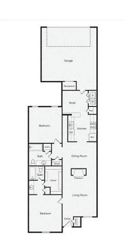 Modern floor plan for 2-bedroom apartment featuring a spacious kitchen, dining and living area, with convenient garage access and a cozy nook.