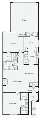 Modern floor plan featuring 2 bedrooms, 2 bathrooms, a spacious living room, dining area, functional kitchen, patio, and attached garage.