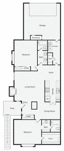 Contemporary floor plan featuring 2 bedrooms, spacious living room, dining area, modern kitchen, and garage.