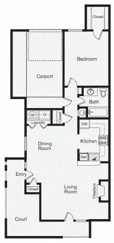 Modern floor plan with a spacious bedroom, functional kitchen, cozy living room with fireplace, and convenient carport access.
