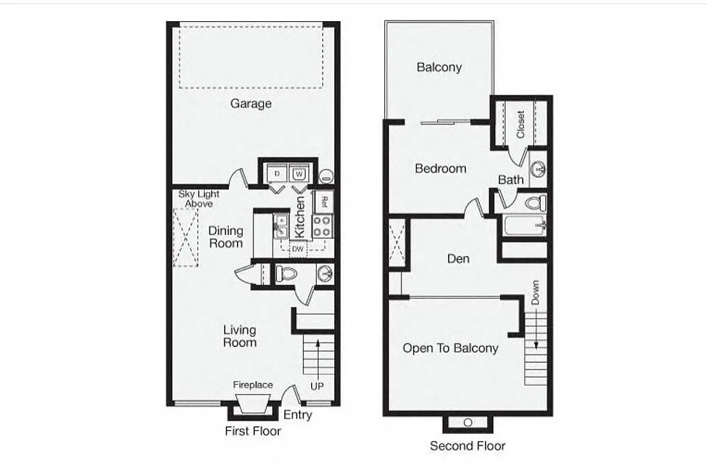 Charming two-story floor plan featuring a cozy bedroom, den, and balcony upstairs, with a spacious living room, kitchen, and dining area downstairs. Includes a garage and a fireplace for added comfort.