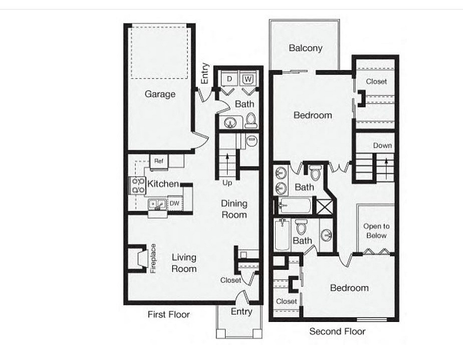 Charming duplex floor plan showcasing two spacious bedrooms, cozy living room with fireplace, modern kitchen, and private balcony.