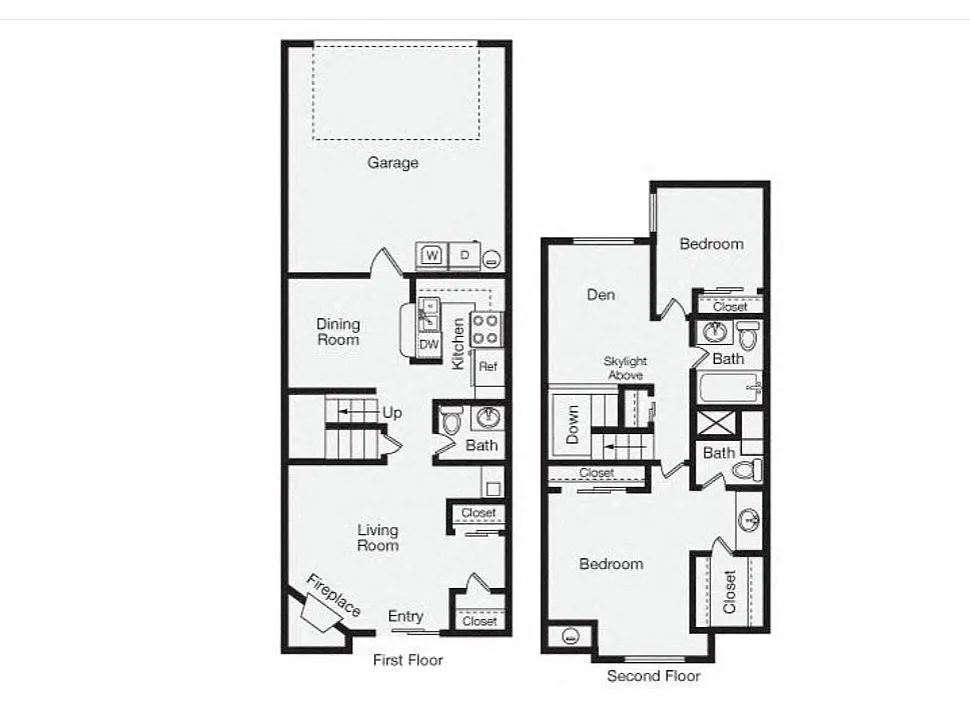 Modern two-story floor plan showcasing 2 bedrooms, a den, spacious living room with fireplace, dining room, and attached garage.