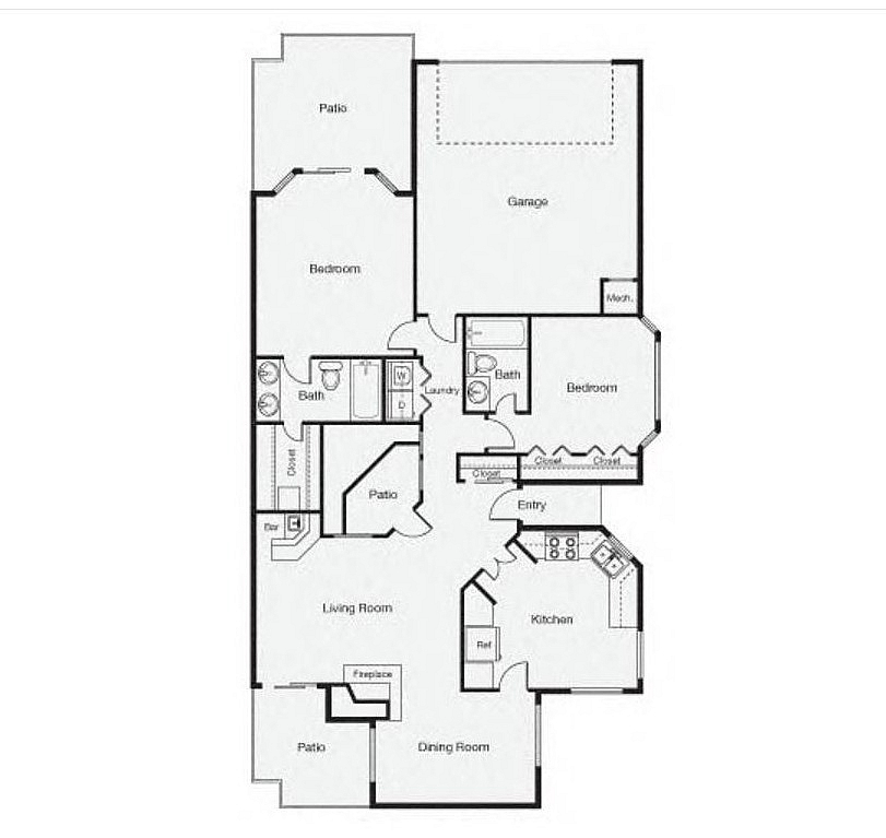 Charming 2-bedroom apartment floor plan featuring a spacious living room, modern kitchen, and dining area. Includes two baths, a cozy patio, and convenient garage access.