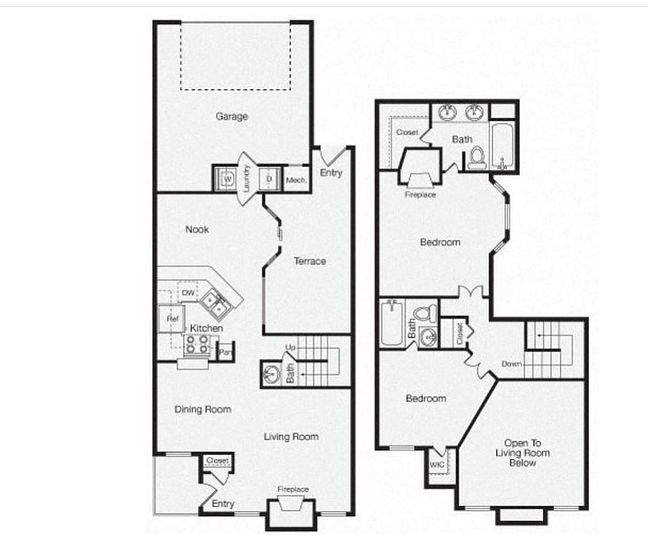 Inviting two-bedroom apartment floor plan featuring a modern kitchen, spacious dining and living areas, cozy fireplace, and a private terrace with garage access.