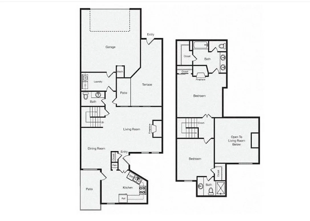 Charming 2-bedroom, 2-bathroom floor plan with spacious living room, modern kitchen, dining area, and private patio, perfect for comfortable living.