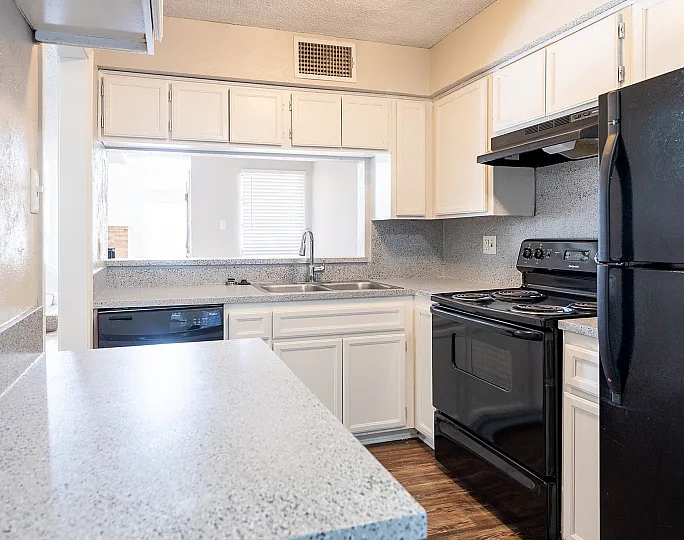 Modern kitchen with sleek black appliances, ample cabinetry, and stylish countertops, offering a bright, functional space for cooking and entertaining.