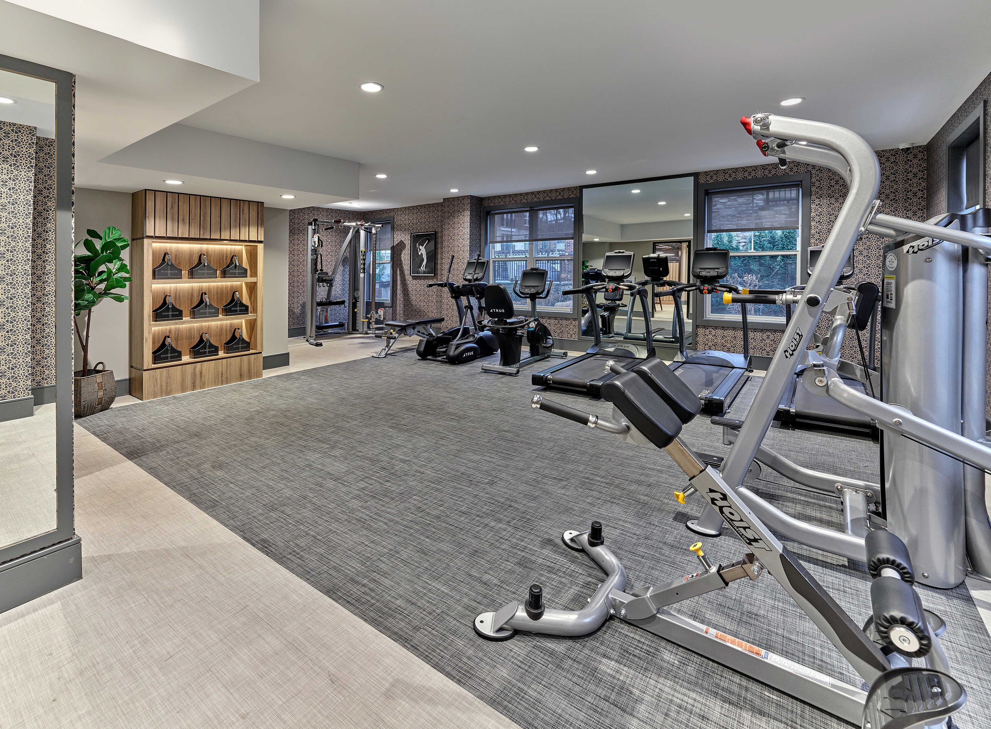 Spacious gym with modern workout equipment and natural light.