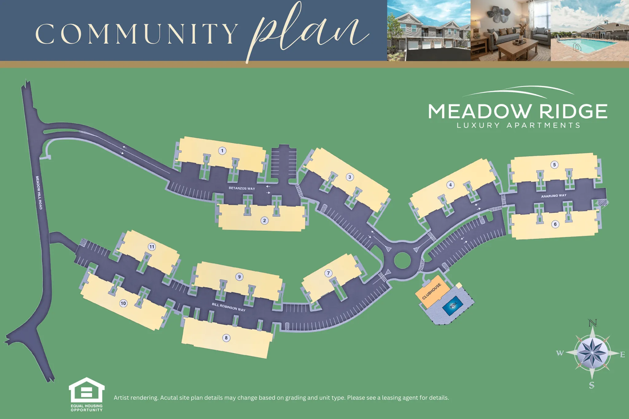 Aerial 2D map of Meadow Ridge Luxury Apartments showing 11 buildings, roads, and clubhouse with pool.