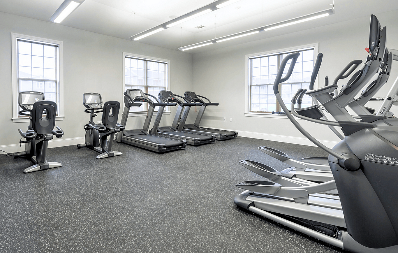 Bright, modern fitness center with state-of-the-art treadmills, exercise bikes, and strength training equipment.