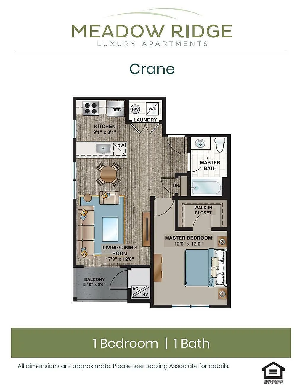 Explore the efficient and stylish layout of the Crane at Meadow Ridge. Crane floor plan at Meadow Ridge Luxury Apartments featuring 1 bedroom, 1 bath, open kitchen, and spacious living room with balcony.
