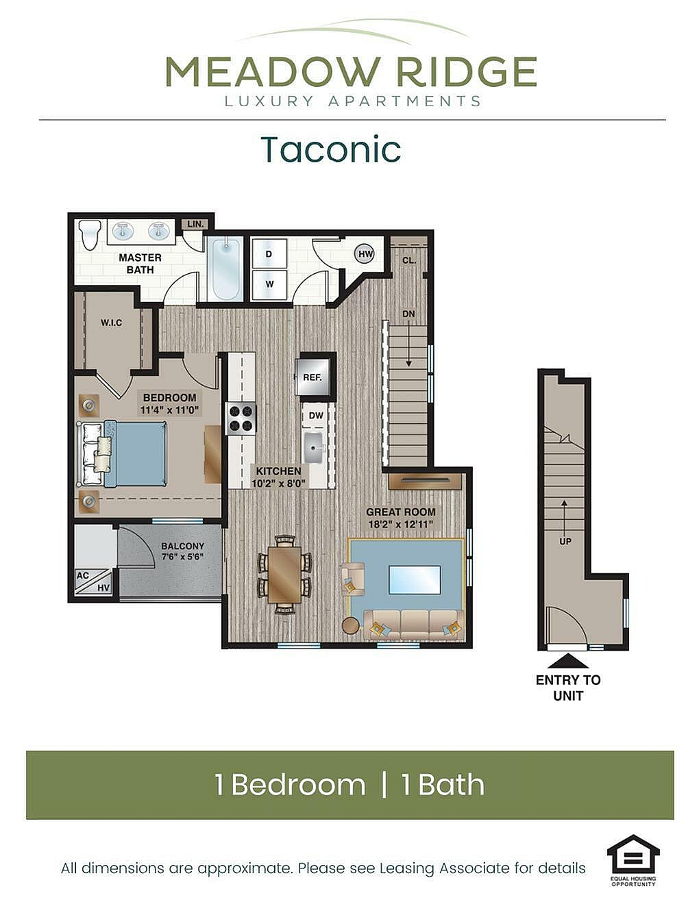 Meadow Ridge Taconic floor plan with 1 bedroom, 1 bathroom, kitchen, great room, and balcony.