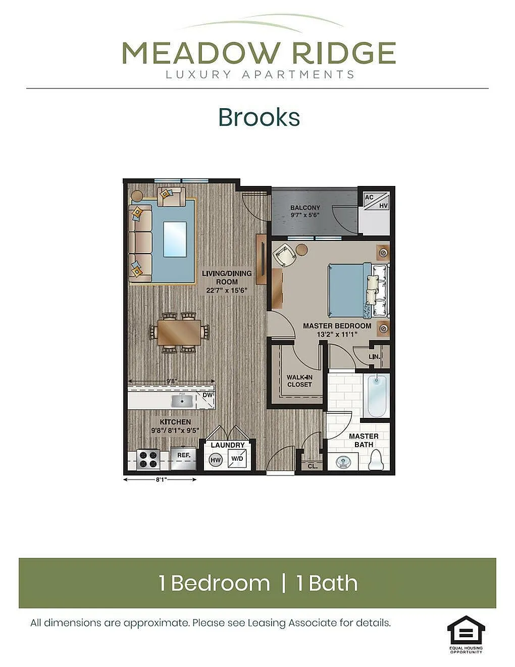 Meadow Ridge Brooks floor plan featuring 1 bedroom, 1 bath, open living and dining area, kitchen, balcony, and walk-in closet.