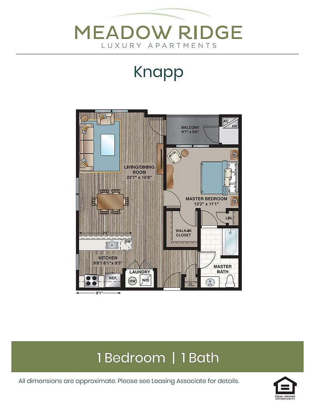 Modern floor plan for Meadow Ridge Apartments, featuring 1 bedroom, 1 bath, and an inviting living area.