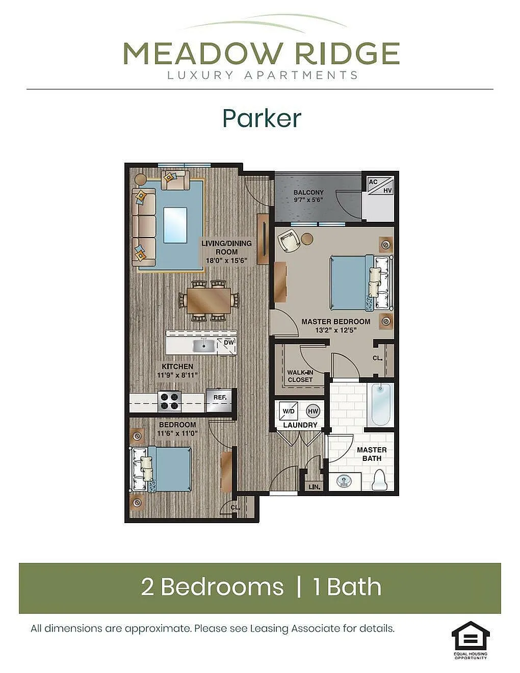Contemporary floor plan of Parker, featuring 2 bedrooms, 1 bath, and an open living/dining area with kitchen.