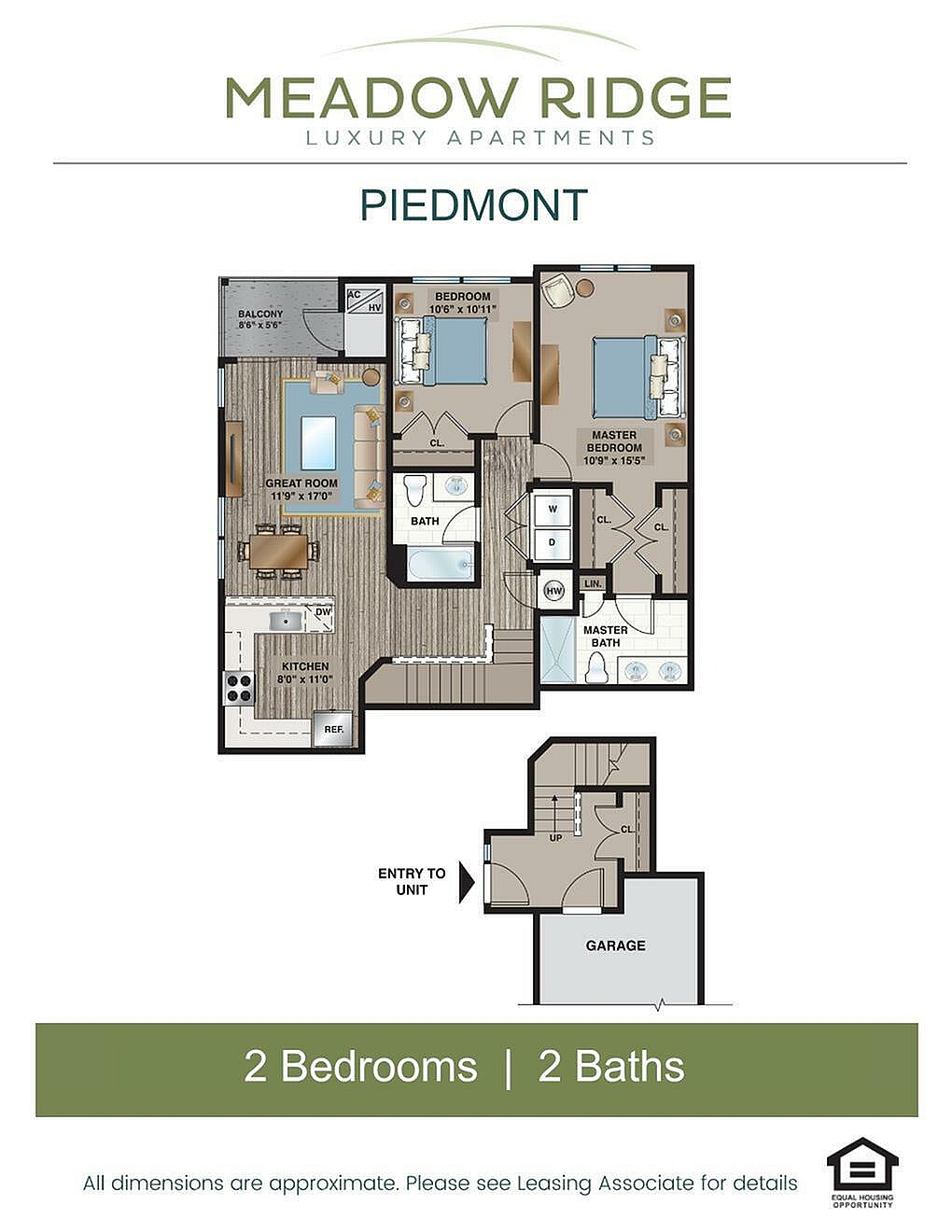 Piedmont floor plan of Meadow Ridge Apartments showcasing 2 bedrooms, 2 baths, great room, and modern kitchen with attached garage.