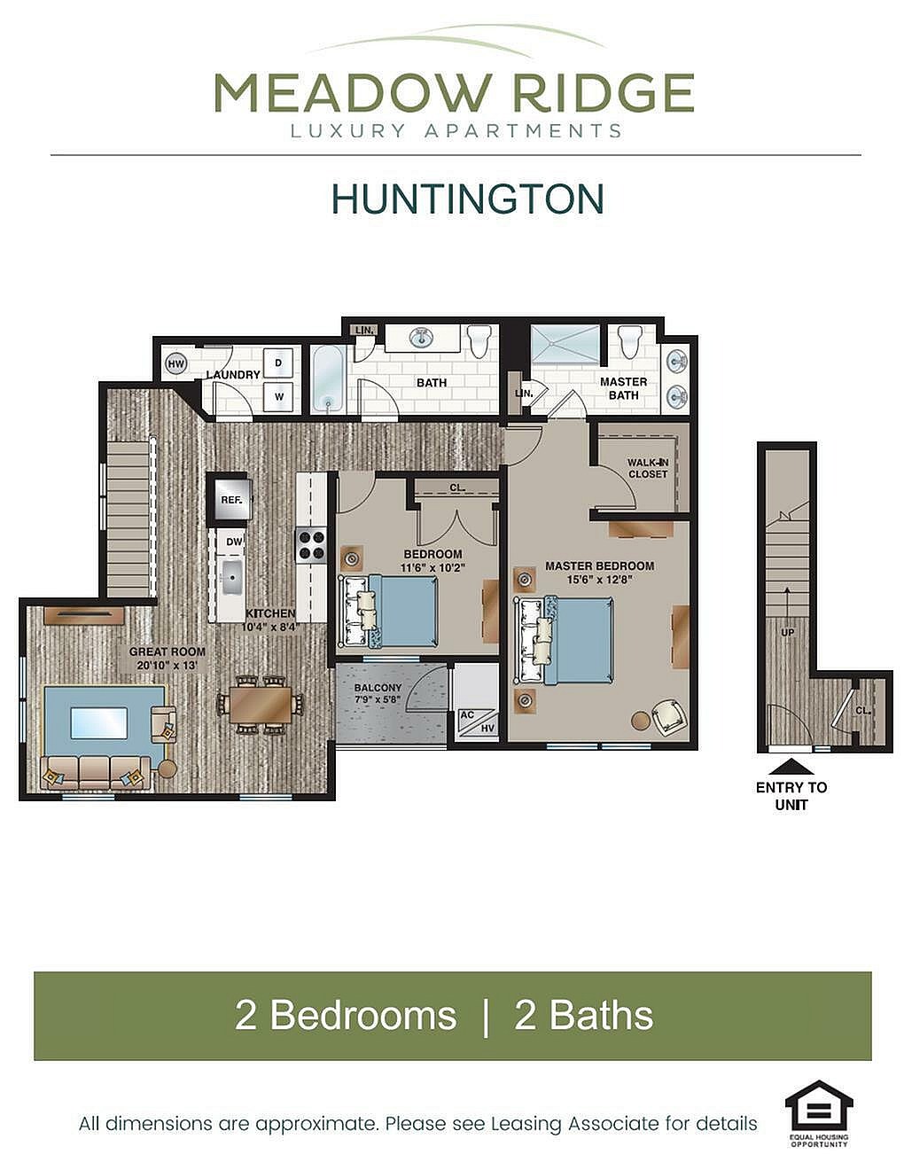 Huntington apartment floor plan with 2 bedrooms, 2 baths, a great room, kitchen, and balcony.