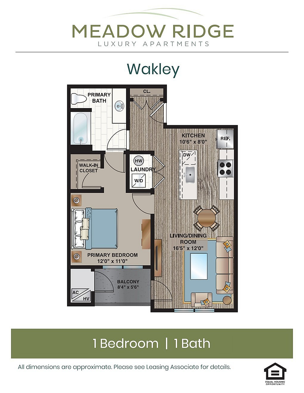 Detailed 2D floor plan of the Wakley apartment featuring 1 bedroom, 1 bath, a kitchen, and a spacious living/dining area.