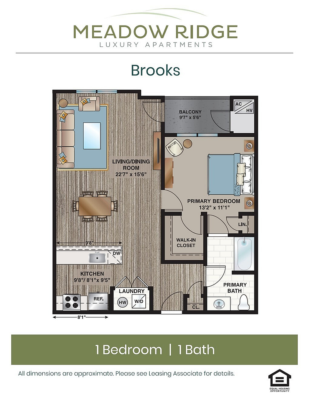 Meadow Ridge Brooks floor plan featuring 1 bedroom, 1 bath, open living and dining area, kitchen, balcony, and walk-in closet.