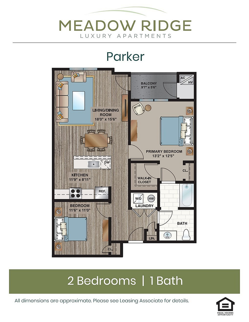 Contemporary floor plan of Parker, featuring 2 bedrooms, 1 bath, and an open living/dining area with kitchen.
