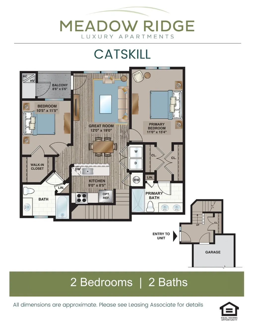 Modern floor plan of Meadow Ridge Catskill apartment with 2 bedrooms, 2 baths, and stylish great room.