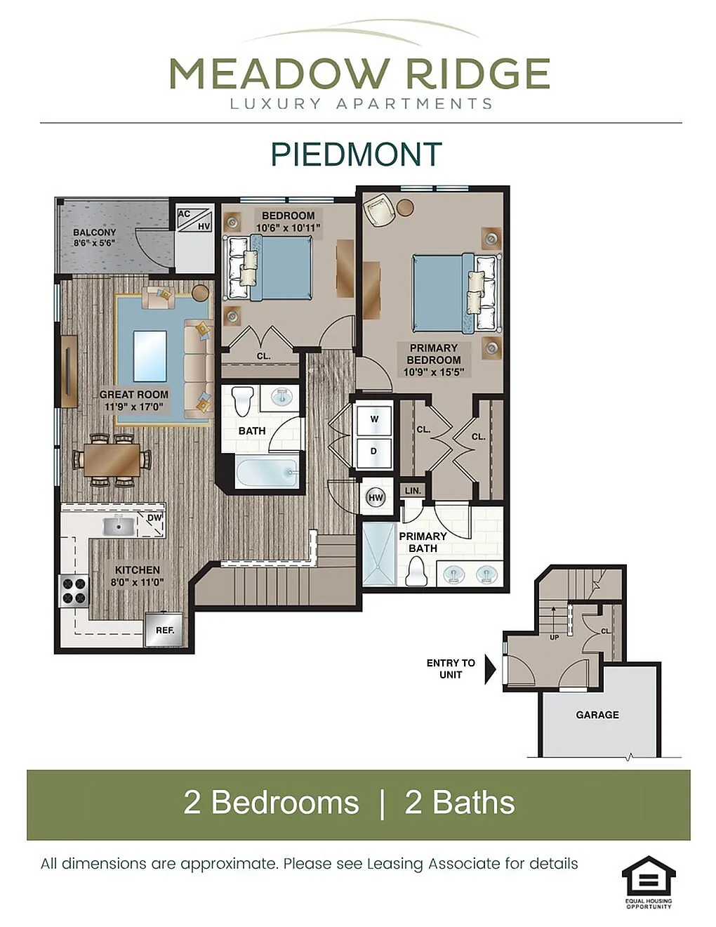 Piedmont floor plan of Meadow Ridge Apartments showcasing 2 bedrooms, 2 baths, great room, and modern kitchen with attached garage.