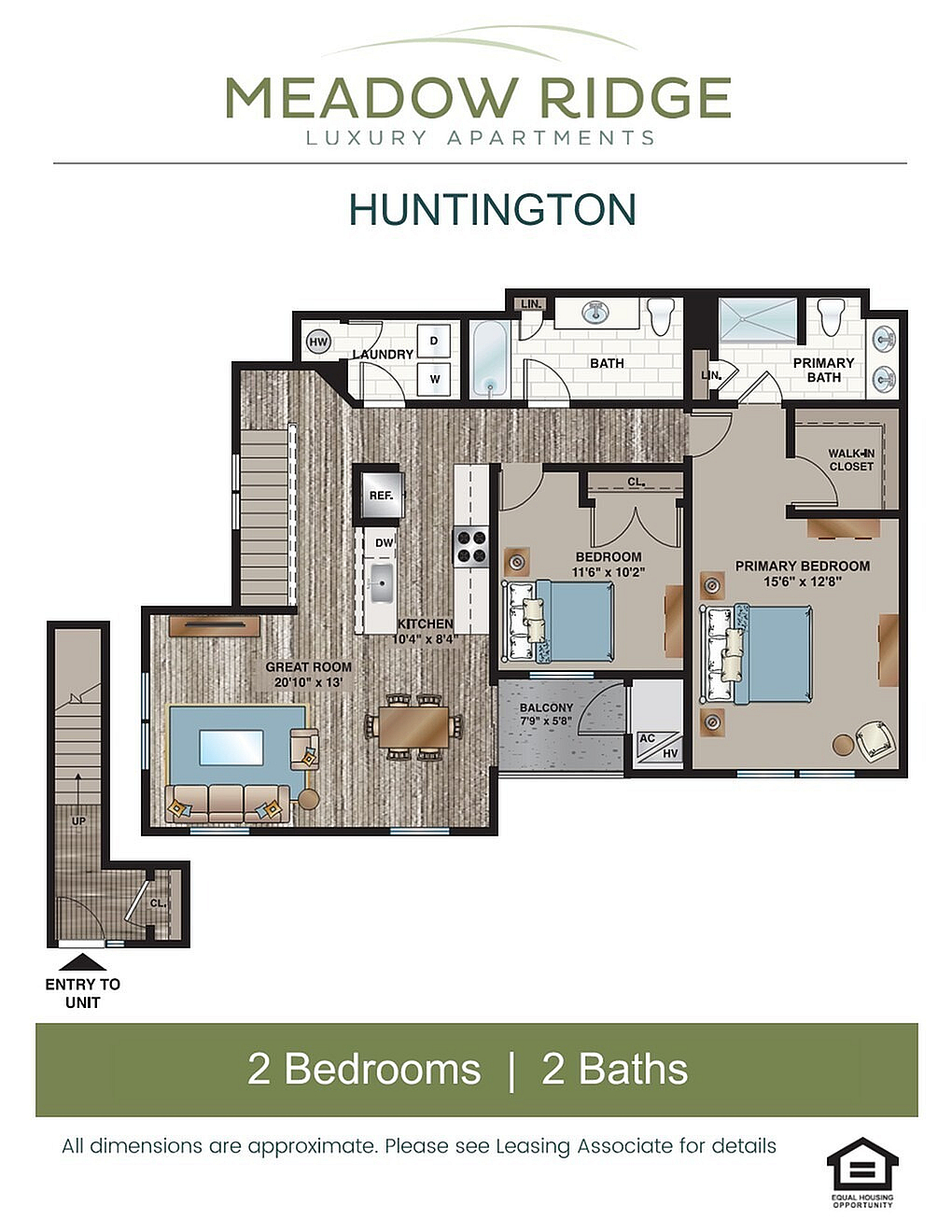 Huntington apartment floor plan with 2 bedrooms, 2 baths, a great room, kitchen, and balcony.
